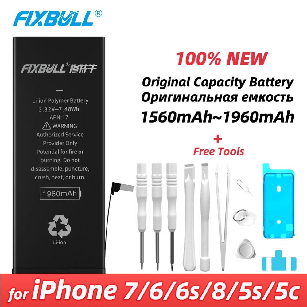Аккумуляторная батарея FIXBULL для Apple iPhone 7 6 6S 8 мобильный телефон 5C, сменная батарея для iPhone7, оригинальная реальная емкость, Бесплатные инстру...
