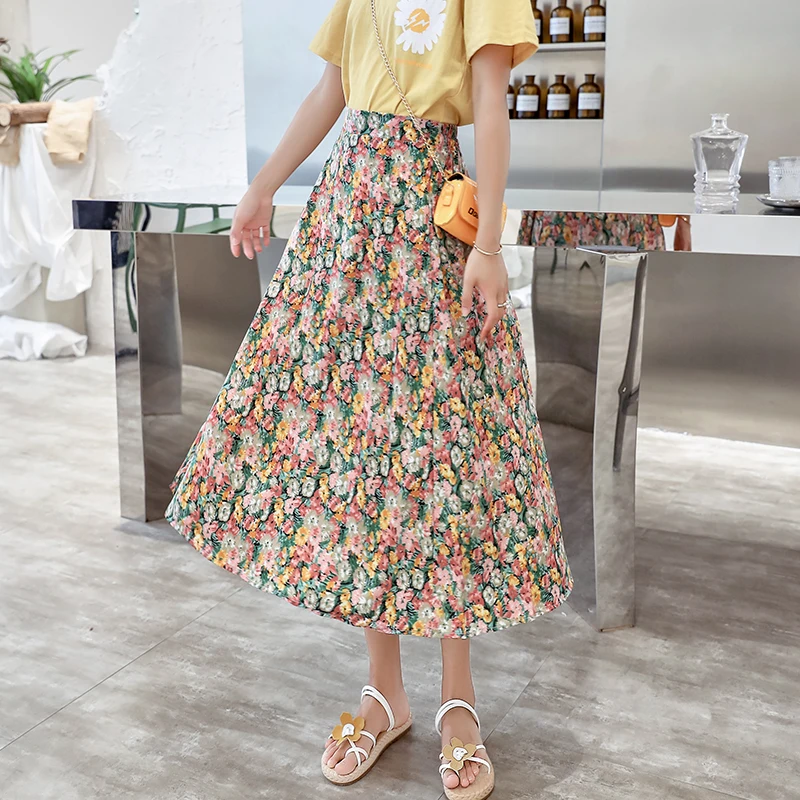 Женская юбка с цветочным принтом летняя и осенняя миди высокой талией