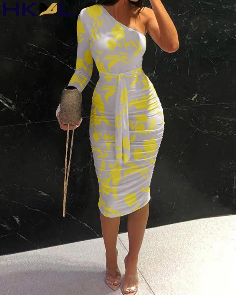 

Women Midi Dress One Shoulder Robe Floral Print Ruched Lace Up Elegant Bodycon Party Dress 2021 Summer