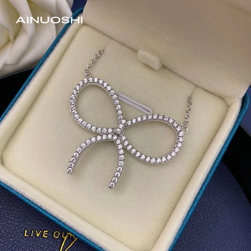 

AINUOSHI Classic Simulated SONA Diamond Bowknot Necklace For Women 925 Silver Surprise Party Gifts