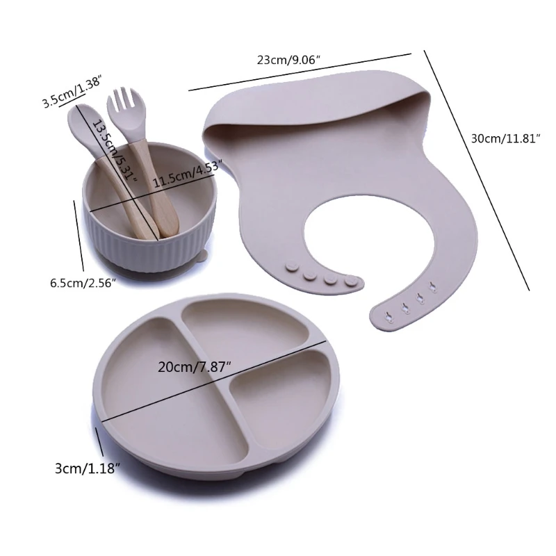 

57EE 5PCS/Set Baby Feeding Tableware BPA Free Food Grade Silicone Bowl Bib Placemat Fork Spoon Feeding Set Baby Supplies for