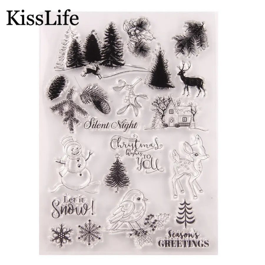 Новая Рождественская елка, олень, снеговик, птица на ветке, прозрачные штампы для скрапбокинга, открытки, рождественские штампы