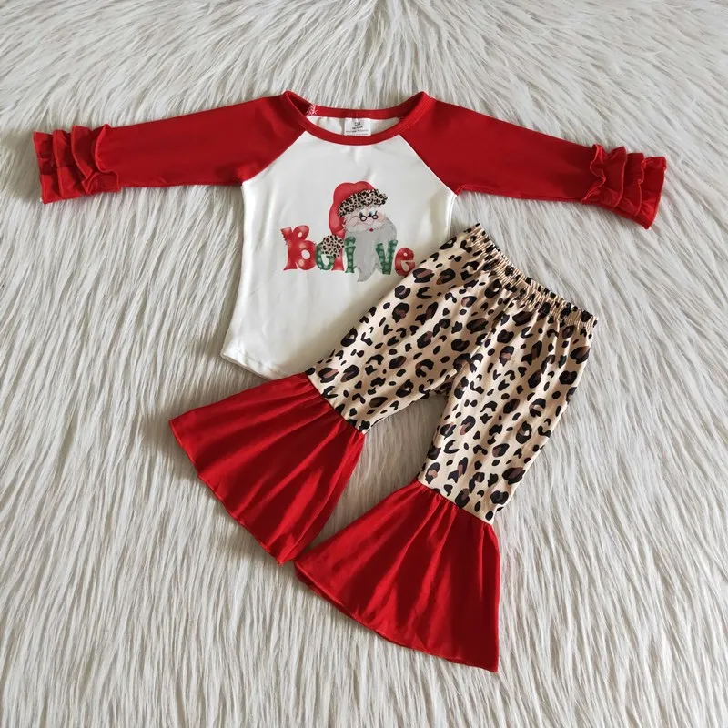 

2020 New Hot Sale Baby Girls Christmas Boutique Clothing Set Red Long Sleeve Sante Top Leopard Bell Bottom Pants Outfit