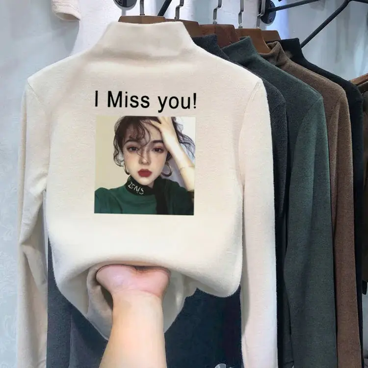 

Autumn and winter bottoming shirt women half high neck plus velvet padded long-sleeved t-shirt warm all-match top