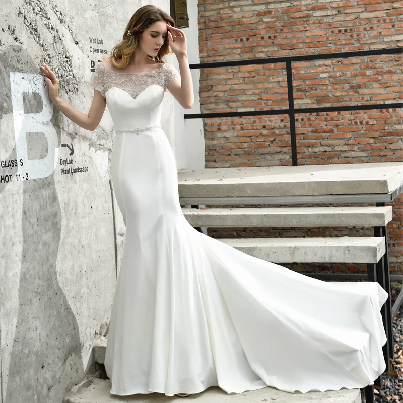 

Женское атласное свадебное платье It's yiiya, белое элегантное платье с вырезом лодочкой и короткими рукавами, расшитое бисером, на лето 2020