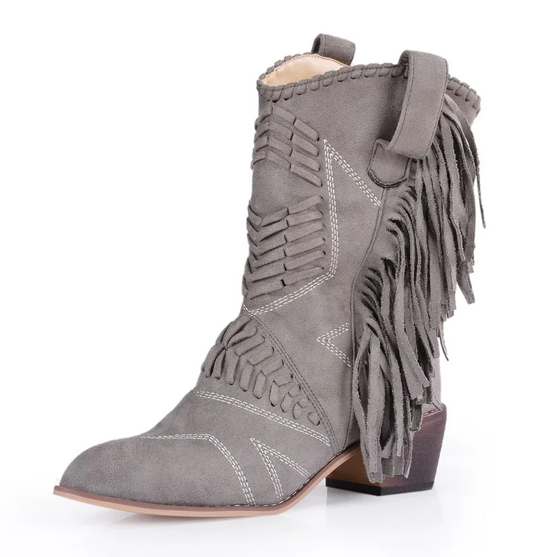 

Classic Tassel Western Cowboy Boots For Women Leather Cowgirl Boots Low Heels Shoes Knee High Winter Boots Zapatos De Mujer