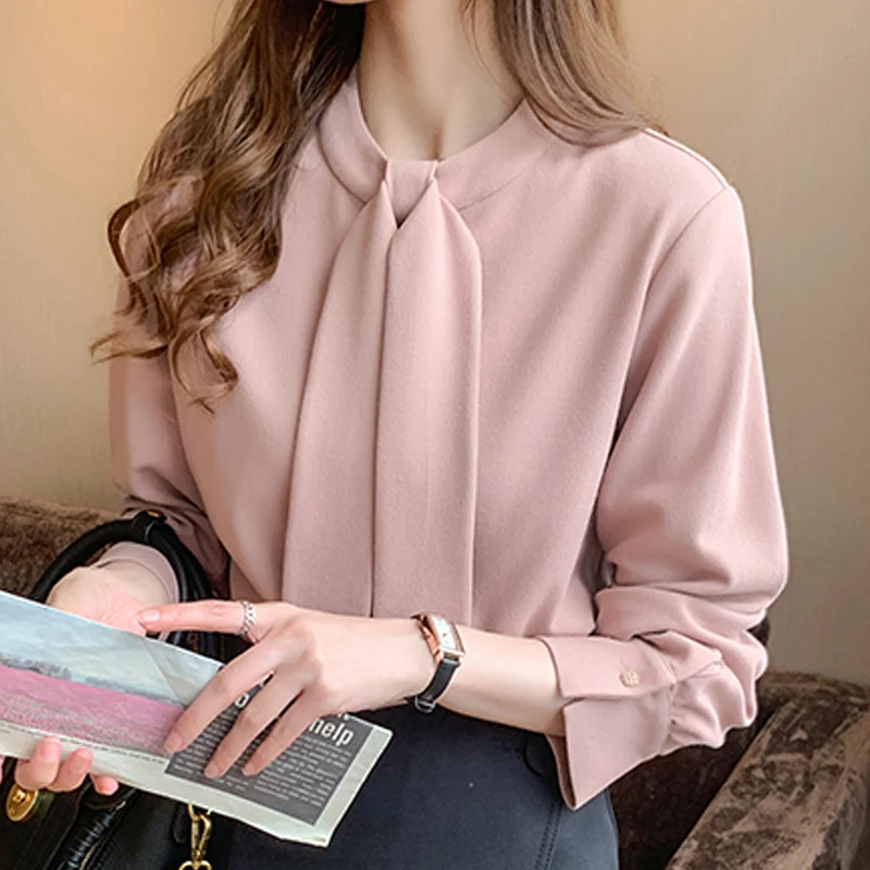 Блузка Для женщин Blusas Mujer De Moda 2021 с длинным рукавом блузка бантик воротник-стойка