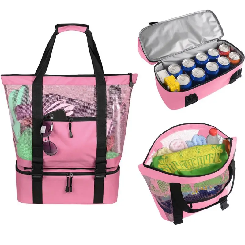 

Портативная пляжная Сетчатая Сумка, теплоизоляционная пляжная сумка, двухслойная сумка, сумка для хранения продуктов, для путешествий, све...