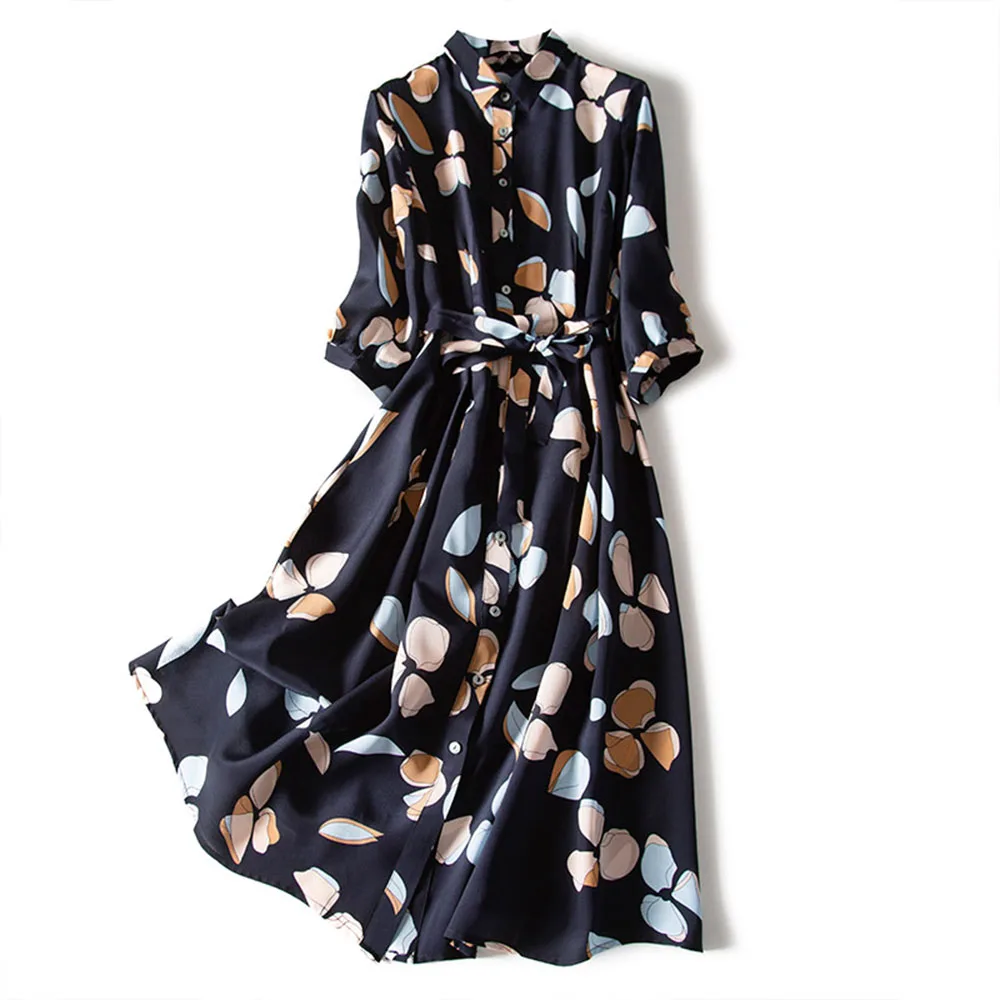 

Women Dress Floral Print Plus Size Retro Silk Temperament Western Style Lapel Mulberry With Belt Mid Length Fashion Long Dress