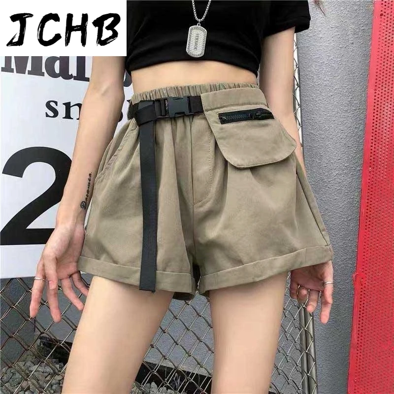 

2021 Women Cargo Shorts Korean Fashion High Waist Mini Shorts with Pocket Buckle Belt Casual Ladies Shorts