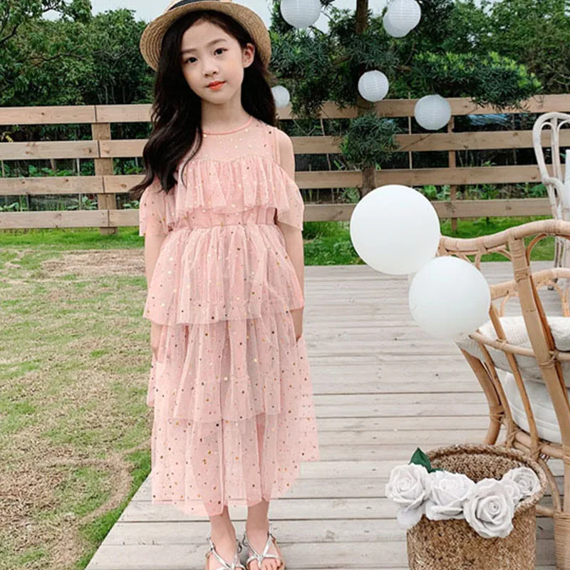 Maxi Long Mesh Dresses For Teenagers Girl White Grey Off Shoulder Girls Dress Teen Summer Spring Kids Clothing 2021 New Arrival | Детская