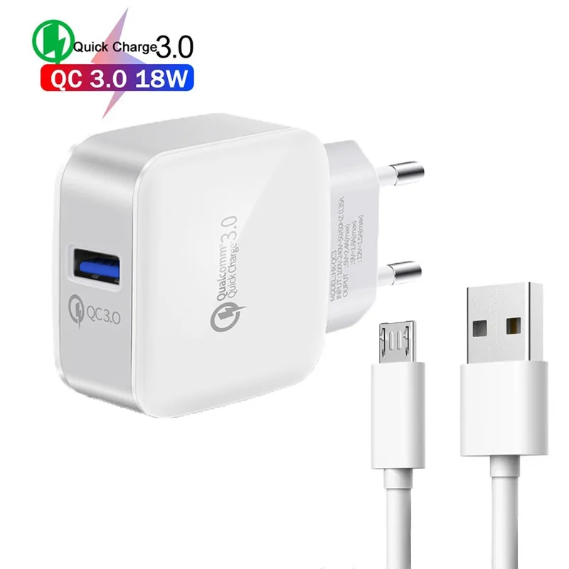 Micro USB Cable & 18W Fast EU Wall Charger QC 3.0 For Xiaomi Redmi 9A 9C 6A 5A 4A 4X Note 6 5 4 X 3 2 Pro S2 USB Charger Cable