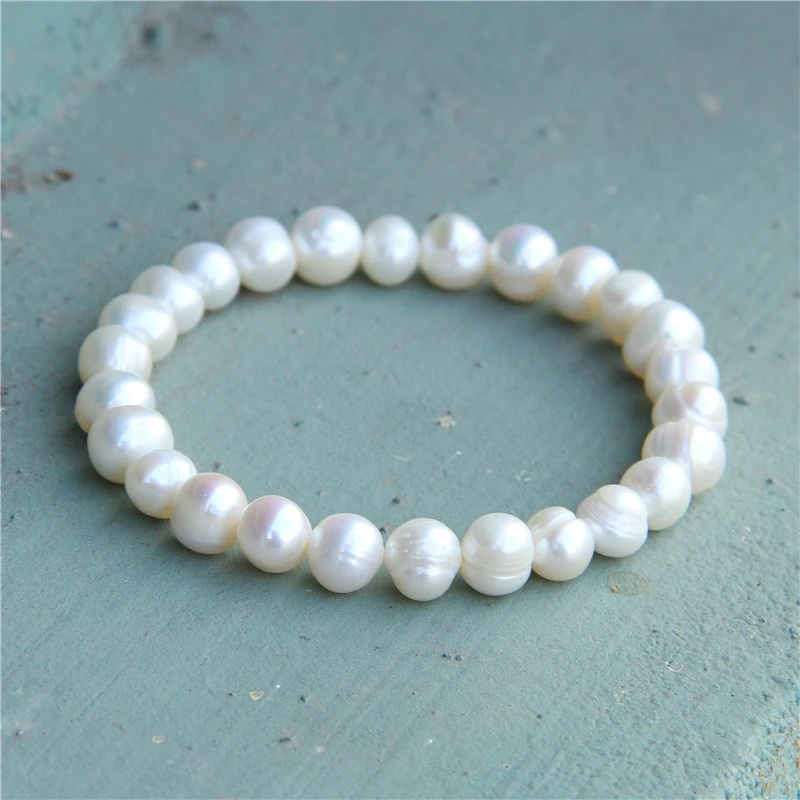Simple Round White Pearls Beaded Bracelet Men Women Jewelry 6-9mm Natural Genuine Pearl Elastic Bangles Freshwater Pearls Gifts