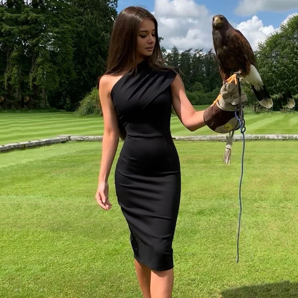 

2021 Summer New Women's Black Apricot Bandage Bodycon Dress Sexy One Shoulder Sleeveless Skinny Vestidos Split Party Dress