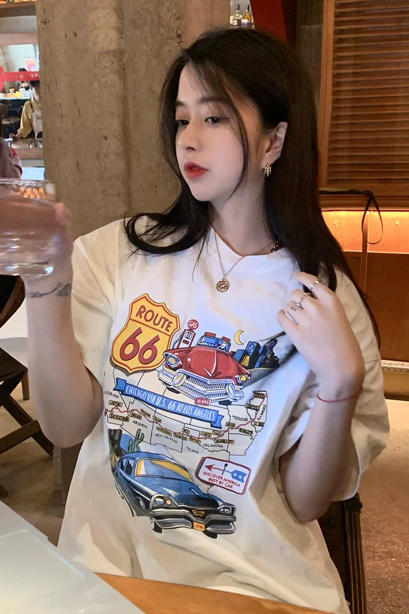 

2021 summer versatile new loose American retro car printed short sleeve T-shirt blouse