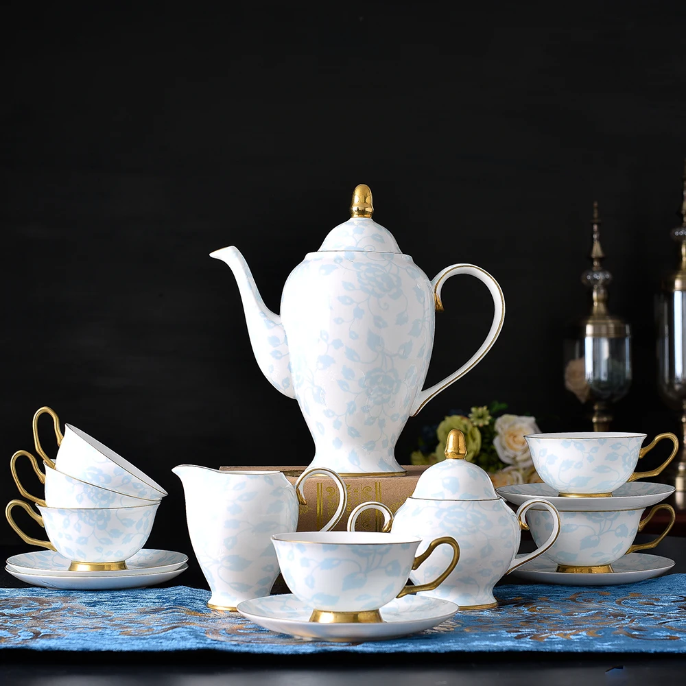 

15 Pcs Gold Rim Porcelain Blue Flower Tea Sets with Teapot Ceramic Tea Pot and Cup Set