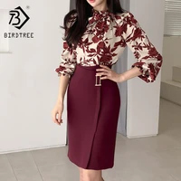 2020 spring women suits print long lantern sleeve shirt slim fit hip mini skirt two piece set s01303m