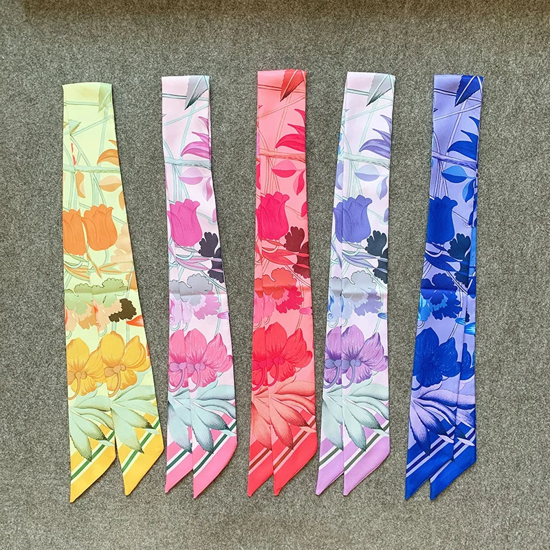 

Tulip double-layer printing imitation silk tie bag handle silk scarf long strip small ribbon scarf wristband scarf women