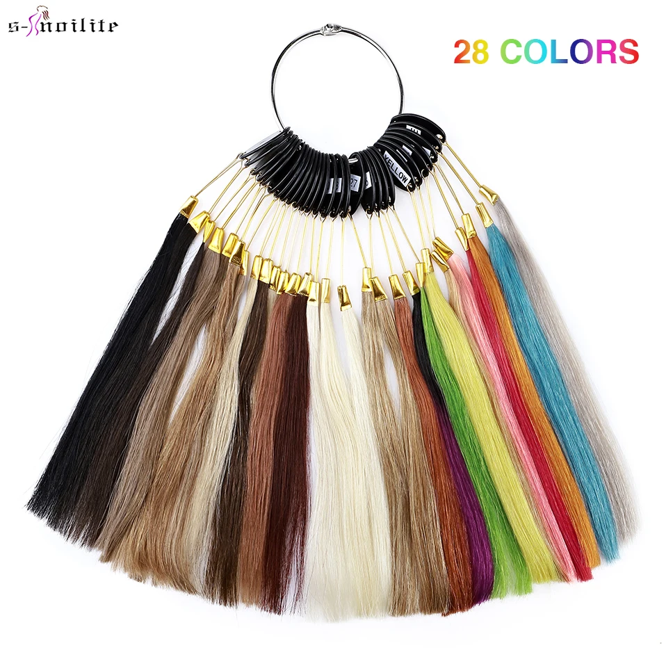 S-noilite 28Colors/Set Hair Rings 100% Human Hair Color Ring Hair Extensions Salon Supply Hair Dyeing Sample Hair Strands Test