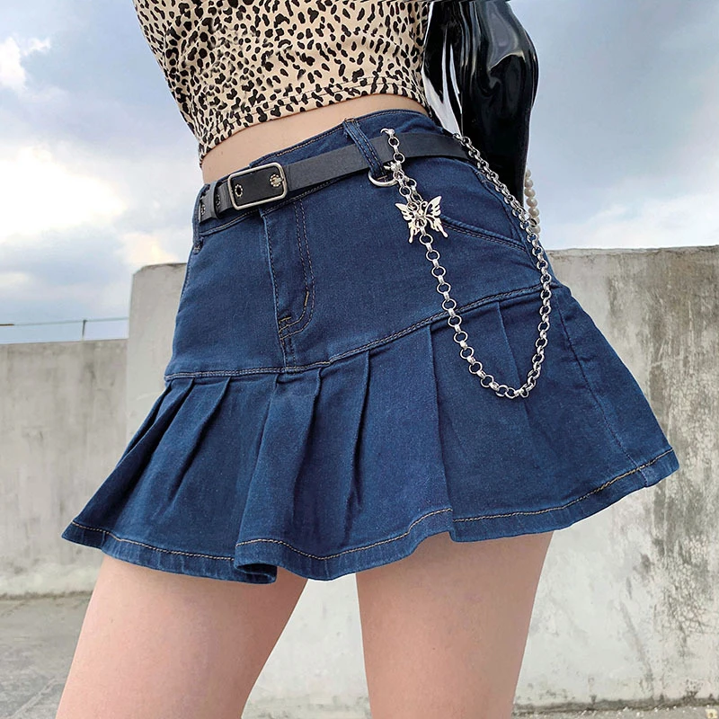 

2021 Hot Girl Ruffled Pleated Stretch Denim Skirt Woman New Fashion Punk Summer Vintage Sexy High Waist Slim Short Mini Skirts
