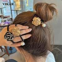 new women shiny diamond camellia elastic hair bands gilrs elegant hair hair tie bands horsetai fashion korean hair accessories