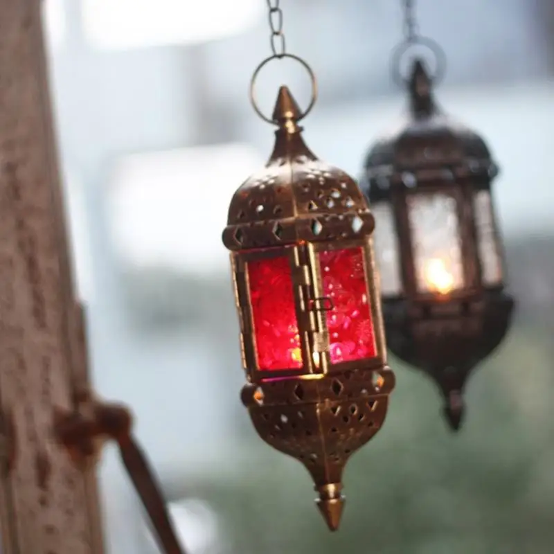 

Classic Moroccan Windproof Candle Holders Iron Glass Hanging Votive Candlestick
