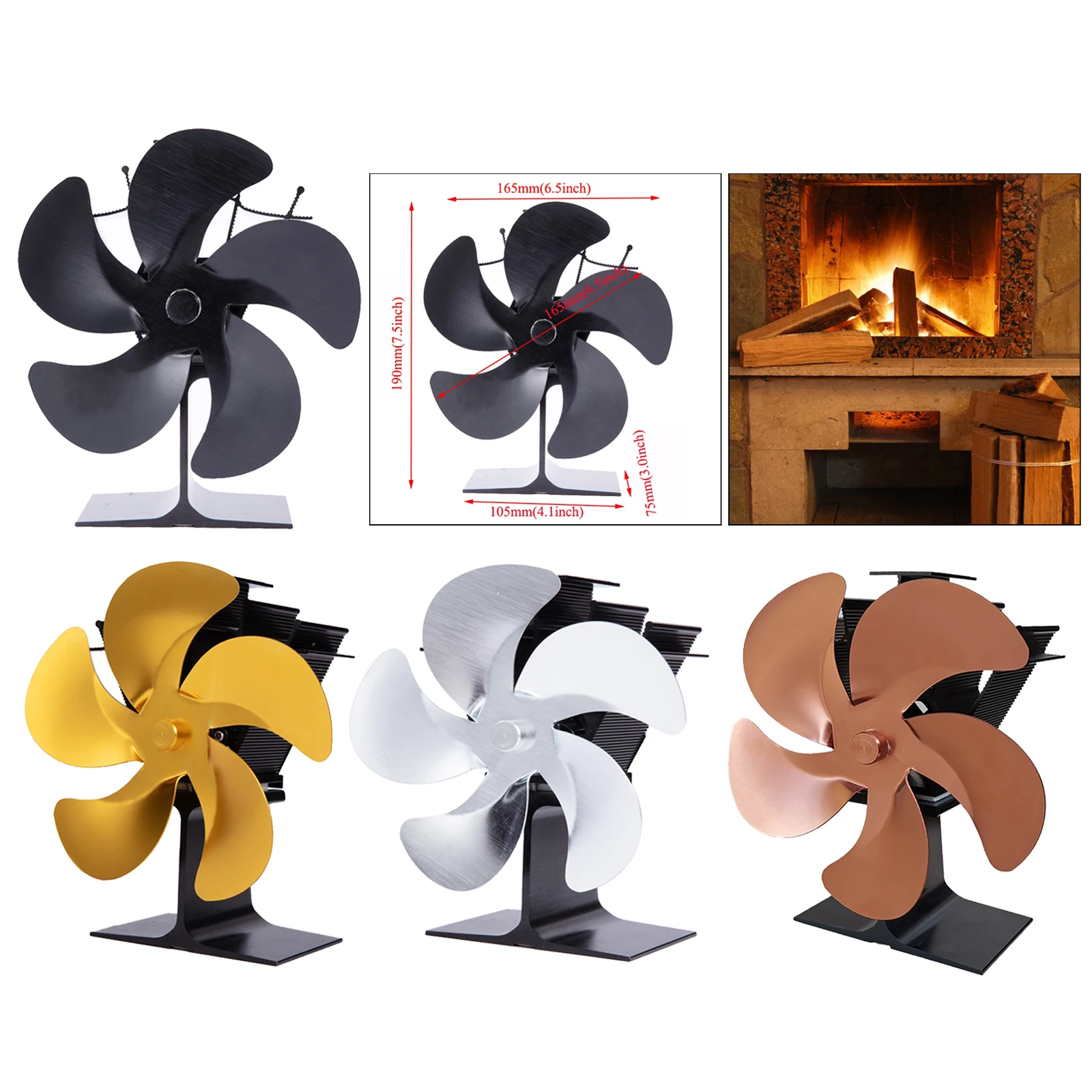 

5-Blade Heat Powered Fan for Wood / Log Burner / Fireplace, Easy to