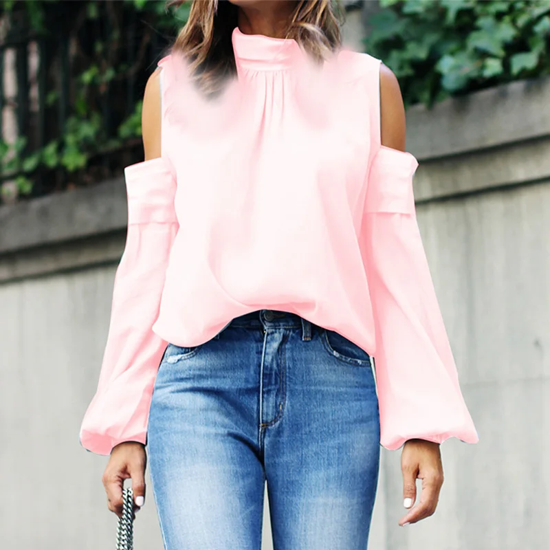 На шнуровке Женская атласная блузка с открытыми плечами водолазка расклешенные