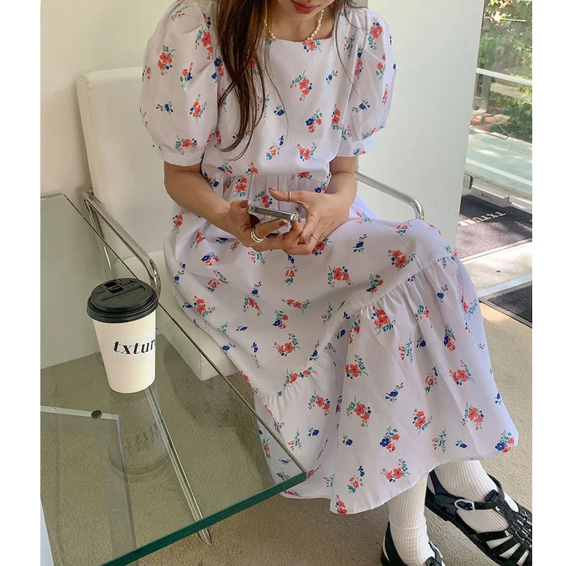 

Vintage Floral Dress One-Piece Women 2021 Summer Korean Elegant Chic Print Puff Sleeve Dress Beach Casual Loose Female Dresses