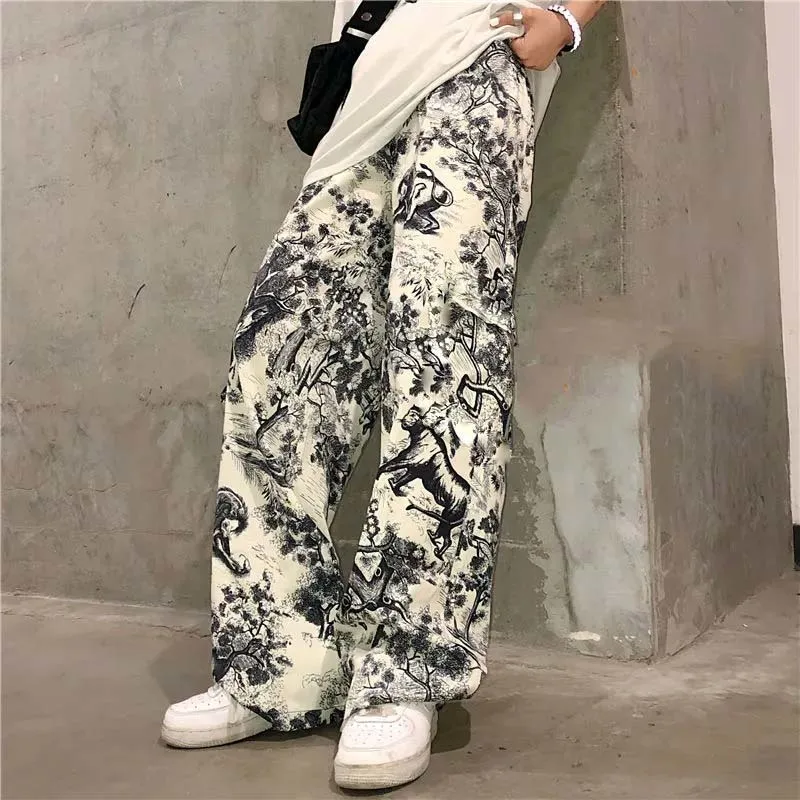 Harajuku geniş bacak kargo pantolon Streetwear kadın kore tarzı Punk mürekkep grafiti pantolon Pantalones Mujer Vintage batik Hip Hop