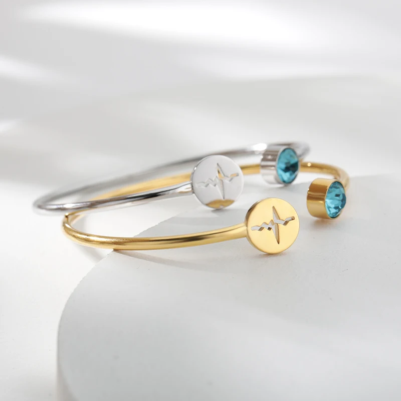 Birthstone Heartbeat Cardiogram Bracelets For Women Bangle Stainless Steel Adjustable Bracelet for Couple Birthday Jewelry Gifts | Украшения