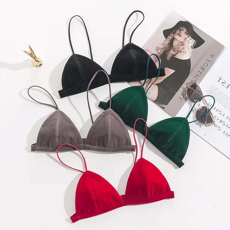 Бархатный мягкий бюстгальтер без косточек тонкие лямки красивое нижнее белье на