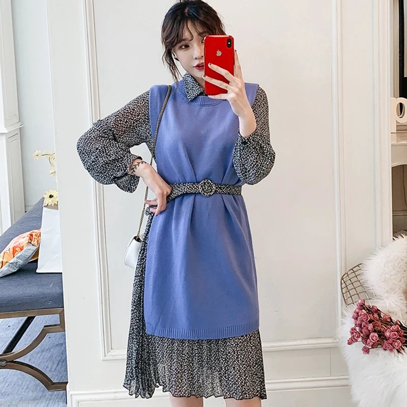 Осенние плюс шифоновые платья для женщин комплект из 2 предметов с длинным