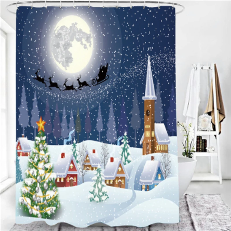 Christmas Print Shower Curtain Set with Anti Slip Toilet Mat Rug Carpet Bath Products Bathroom Home Decor with Hooks