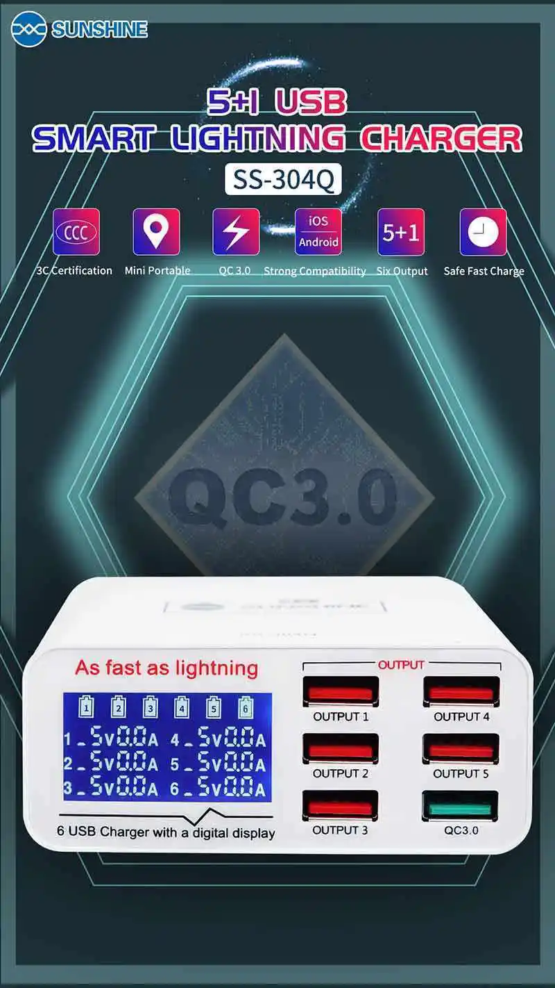 SUNSHINE SS-304Q USB Intelligence 2.4A Быстрая зарядка поддержка QC 3,0 сильная совместимость для IPAD/iPhone HUAWEI XIAOMI SAMSUNG