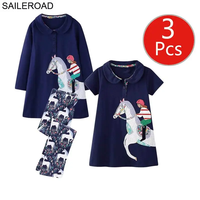 SAILEROAD Девушки Мода 3 шт. Детская Одежда Набор Платье Леггинсы Наряды на Лето Осень Малышей Платья Партии Костюмы - Цвет: 7140-6393-1138 photo