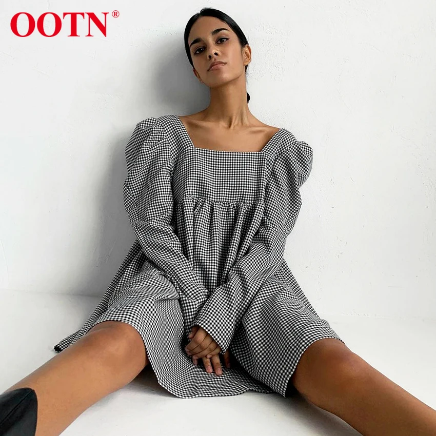

OOTN Black White Plaid Female Autumn Casual Mini Dress Puff Sleeve Square Neck Elegant Ladies Vintage A Line Women Dresses 2021