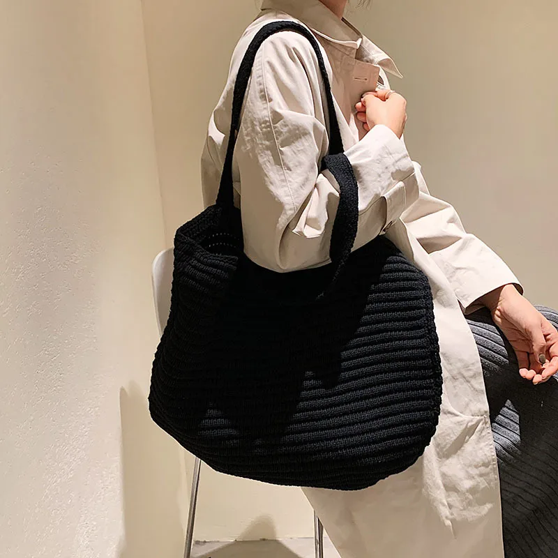 

Large Capacity Knitted Weave Casual Shopper Tote Handbag for Women 2022 Winter Trends Shoulder Bags Brand Designer Shopping Bag