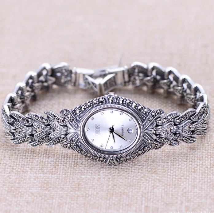 Классические Элегантные часы браслет из чистого тайского серебра S925 пробы