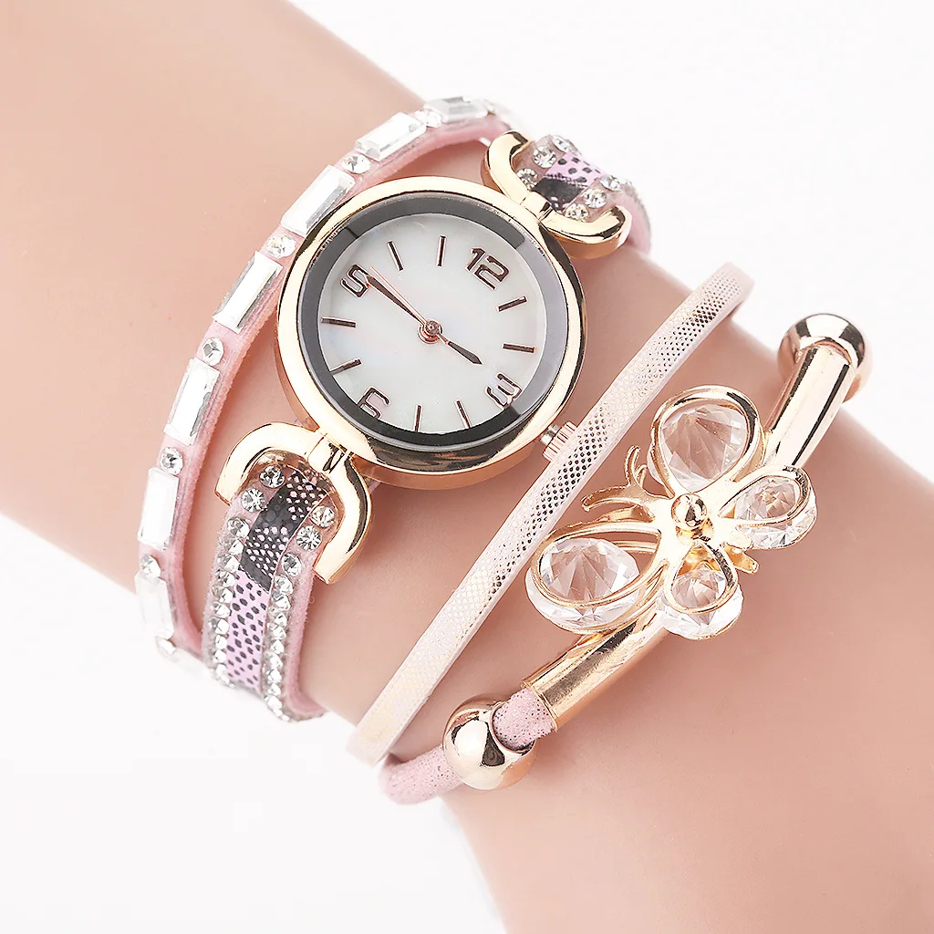 

Geneva Bracelet For Women Wrist Watch Fashion Winding PU Pink Strap Digital Dial Butterfly Diamond Pendant Ladies Quartz Watches