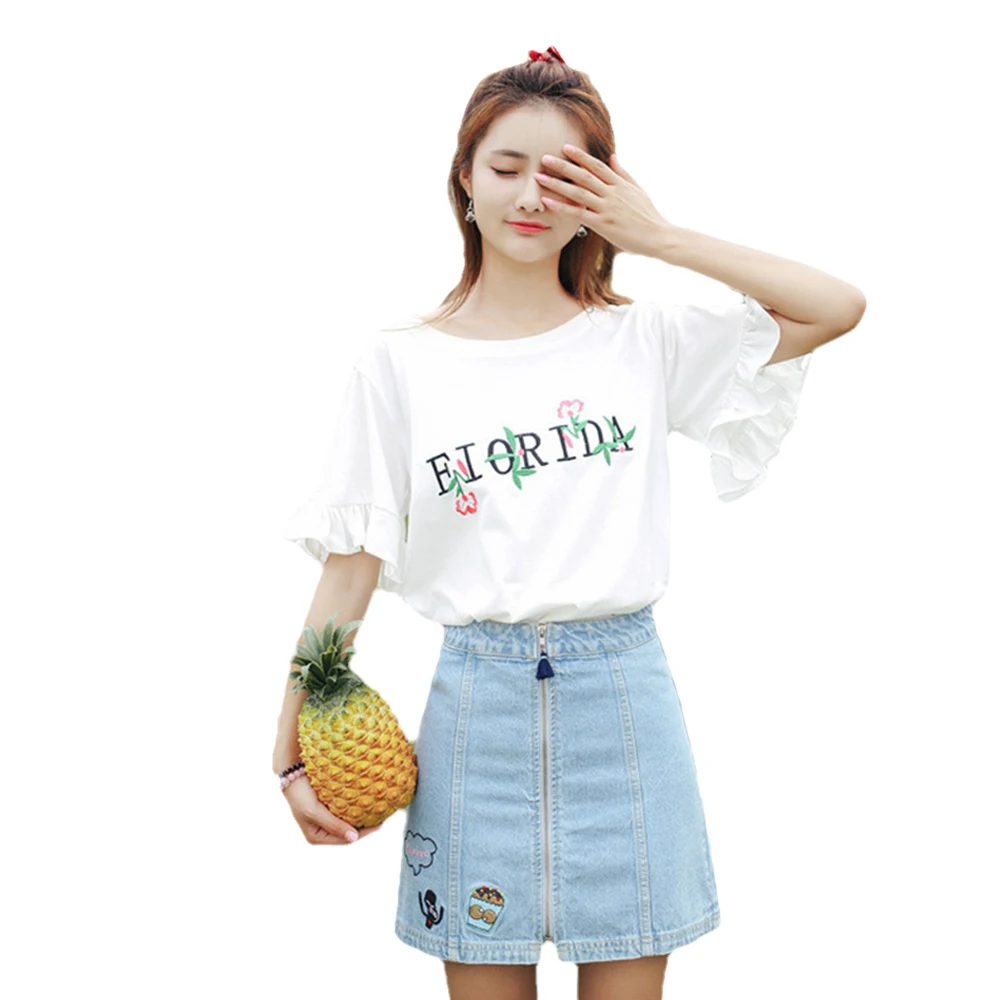 Женская Расклешенная футболка с коротким рукавом свободная цветочной вышивкой и