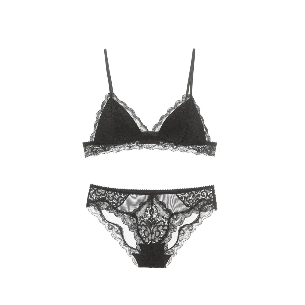 Thin Cotton Triangle Cup Bra Set Non-Steel Ring Lace Sexy GIRL'S Small Bust Underwear