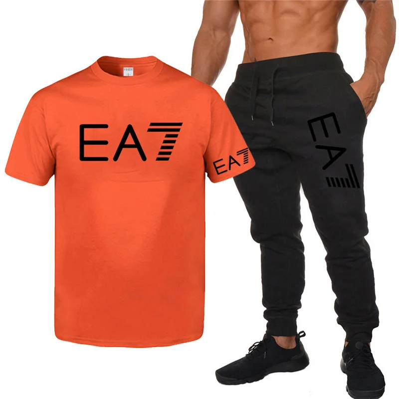 

2021 EA7 fashion casual sportswear summer suit men's jogging suit fitness suit men's T-shirt + jogging pants 2-piece set