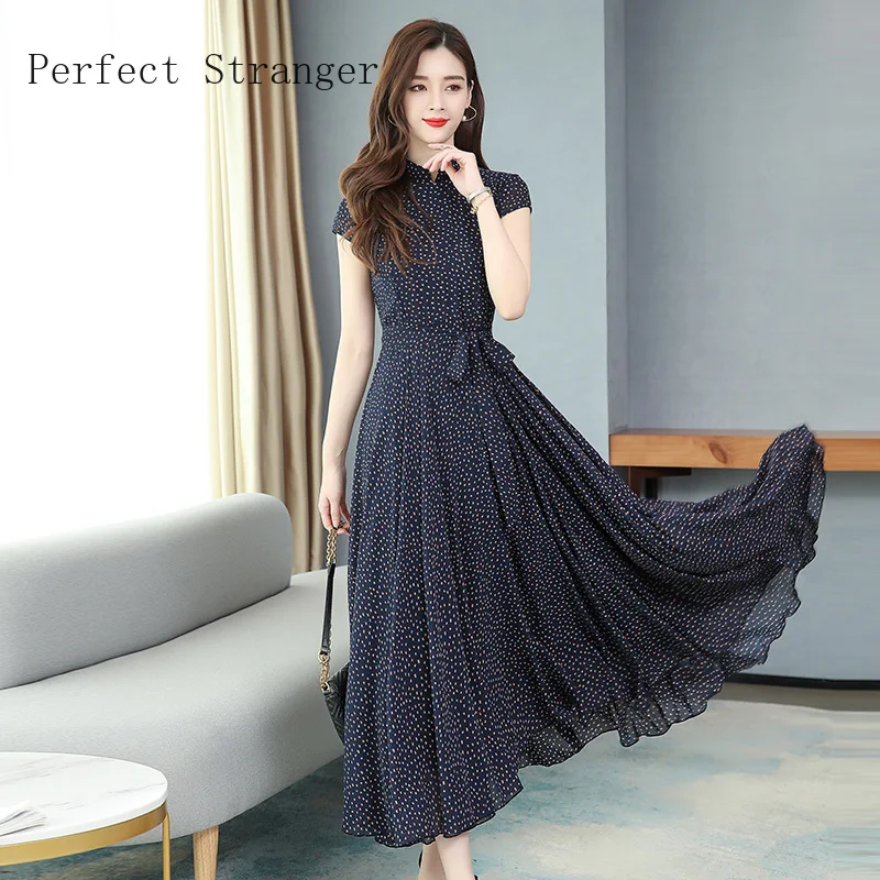 

2020 New Arrival High Quality Stand Collar Short Sleeve Printed Chiffon Women Long Dress Plus Size
