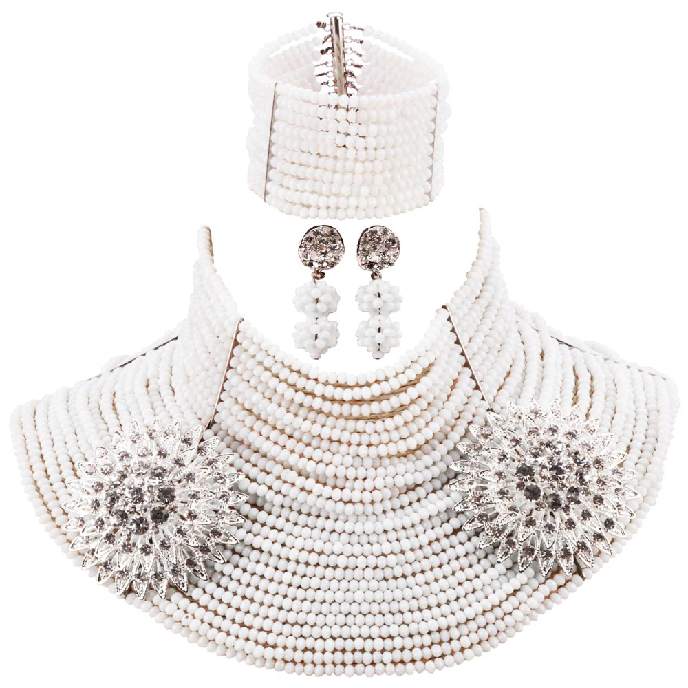 

Красивый белый кристалл бисера 25 чокер с несколькими слоями ожерелье нигерийские бусы Африканские свадебные ювелирные наборы