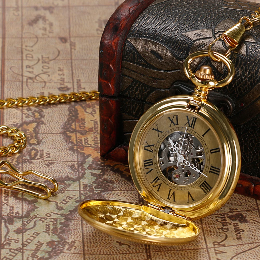 Vintage Automatic Mechanical Pocket Watch Open Face Roman Numerals Golden Pendant Chain Gifts for Men Women Reloj De Bolsillo