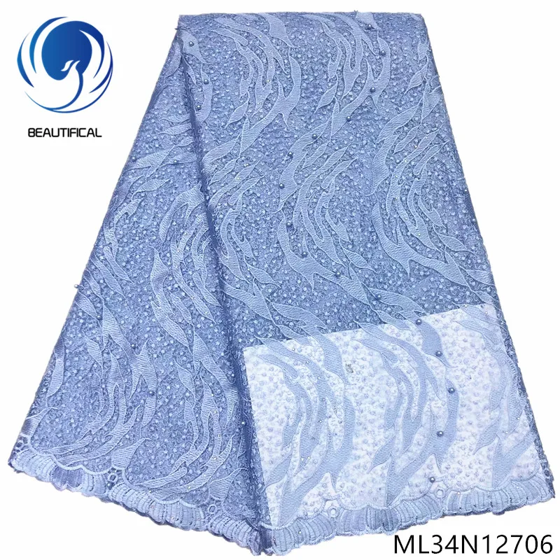 

Beautifical nigerian lace fabrics for dress Latest wholsale embroidery beads net lace fabric 5yards tulle mesh lace ML34N127