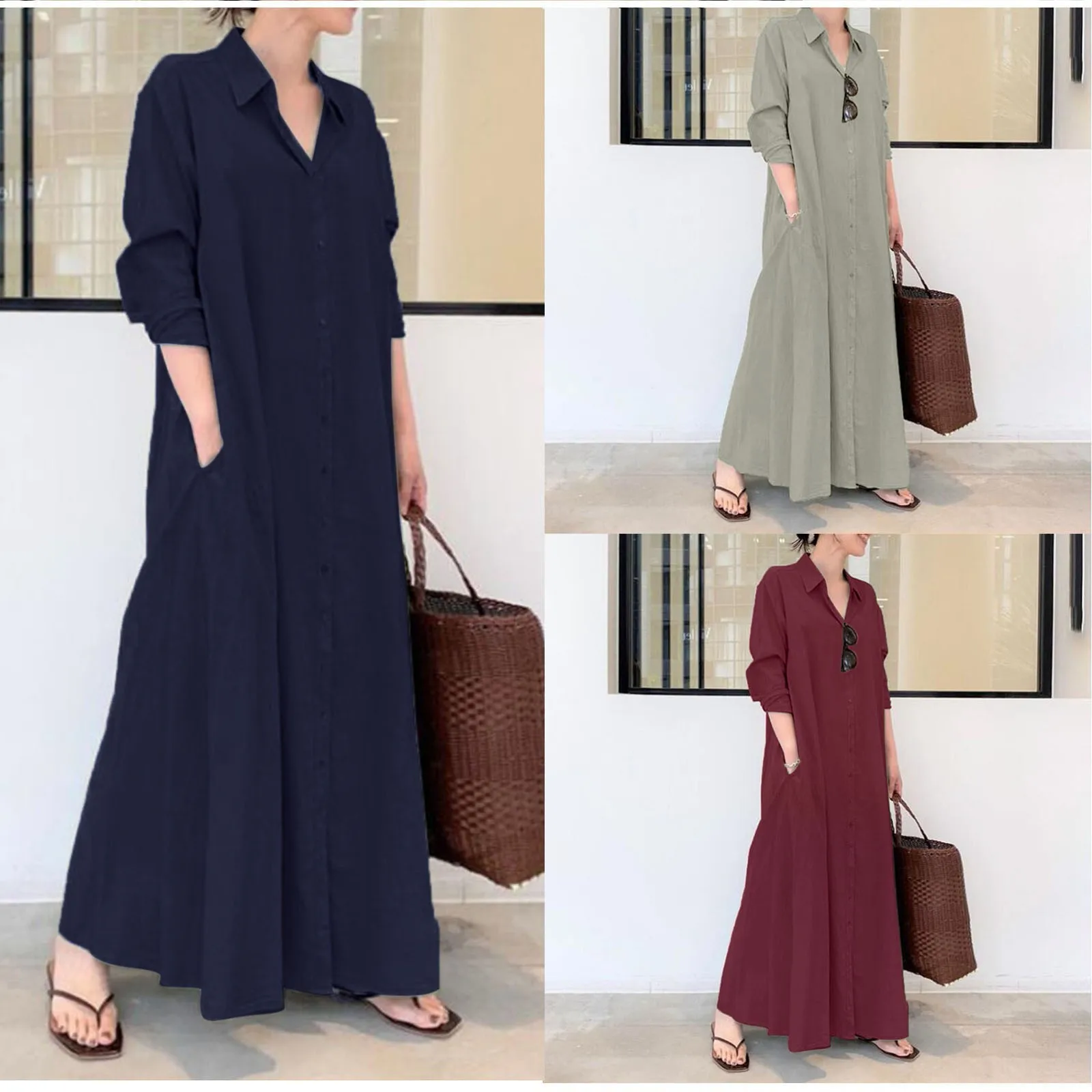 

New Women Cotton Linen Dress Fashion Solid Color Lapel Pocket Long Shirt Dress Elegant Female Office Lady Comfy Casual Dress Top