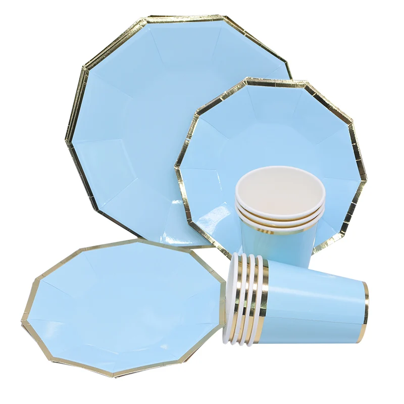 Одноразовые тарелки для вечерние чашки розовые синие зеленые бумажные