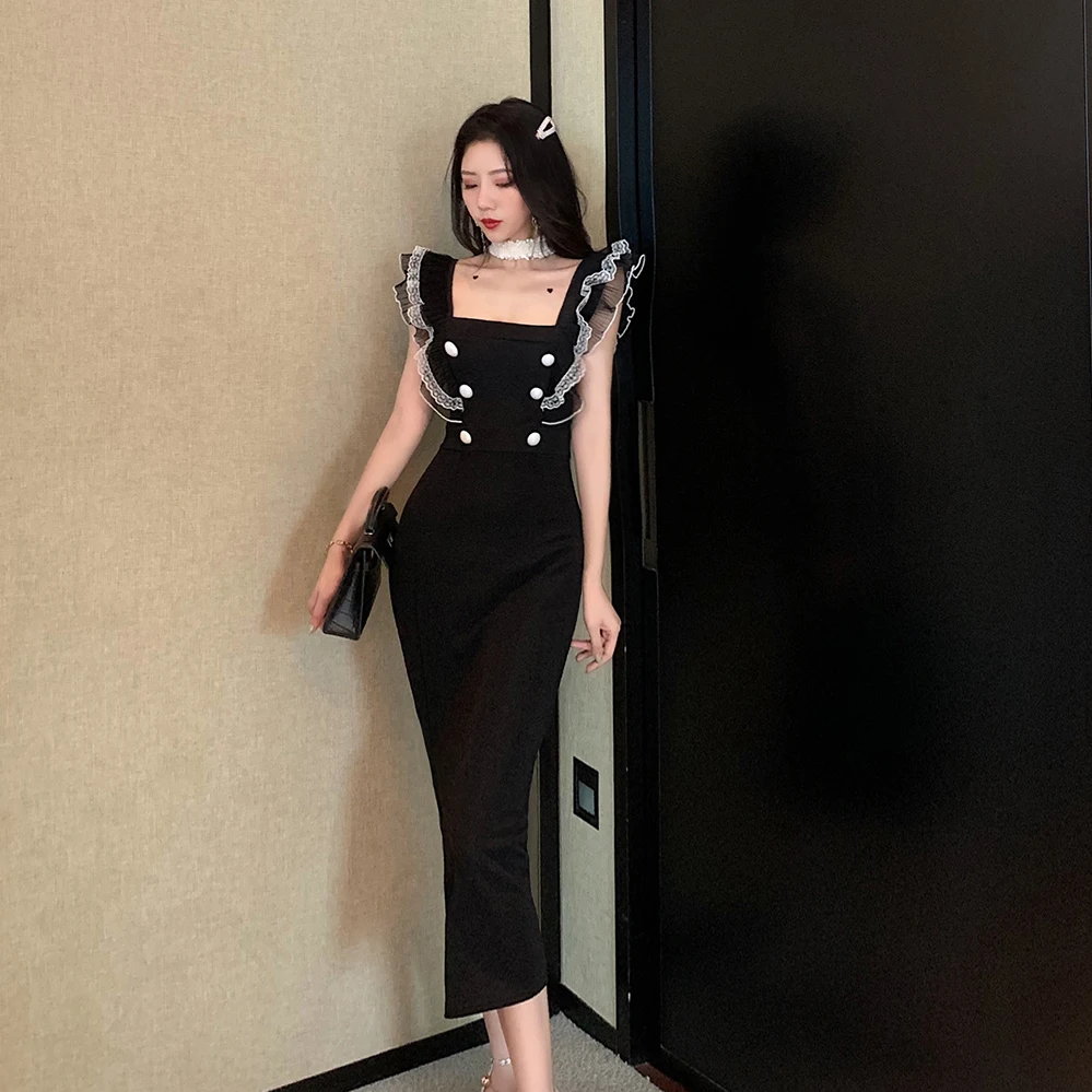 

COIGARSAM French Style Women dress Vintage Dresses Black 306